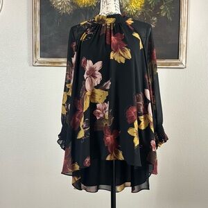 DR2 Womens Size Large Black Floral Print High Neck Swing Blouse Sheer Sleeves